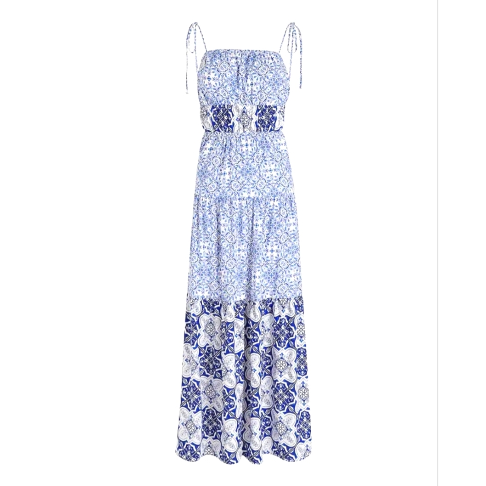 NWT Express Square Neck Tiered Maxi Dress Blue Print Tie Straps Size Medium